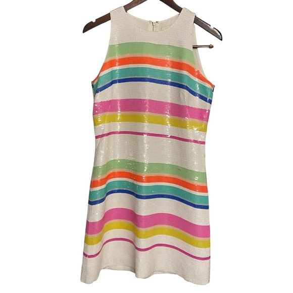 Kate Spade White Pink Cape Multi Stripe Sequin Lined Shift Dress Size 6 Party - Picture 5 of 15